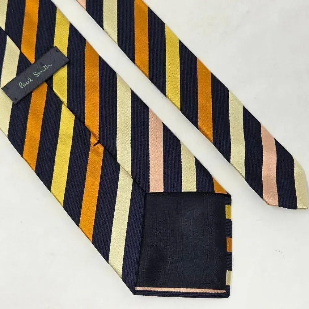 PAUL SMITH SILK TIE BLACK ORANGE YELLOW PINK STRIPE SATIN TEXTURED 4